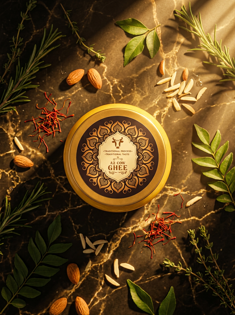 A2 Cow Ghee lid with KDF mandala branding